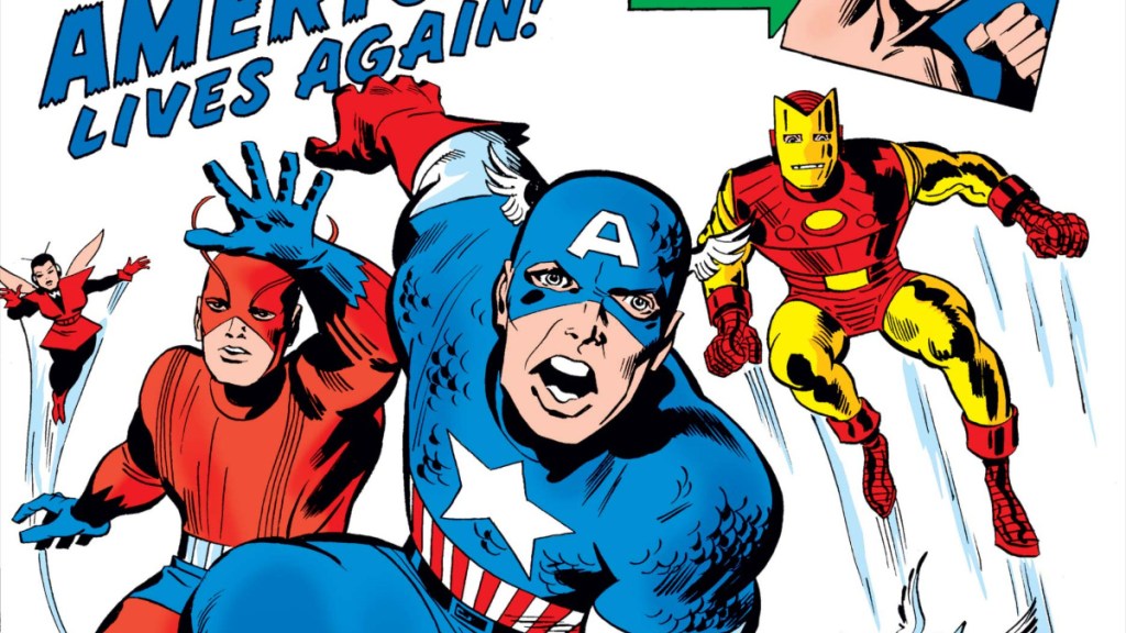 Captain America leading the Avengers - Wasp, Giant-Man, and Iron Man - into battle on the cover of Avengers Vol. 1 #4