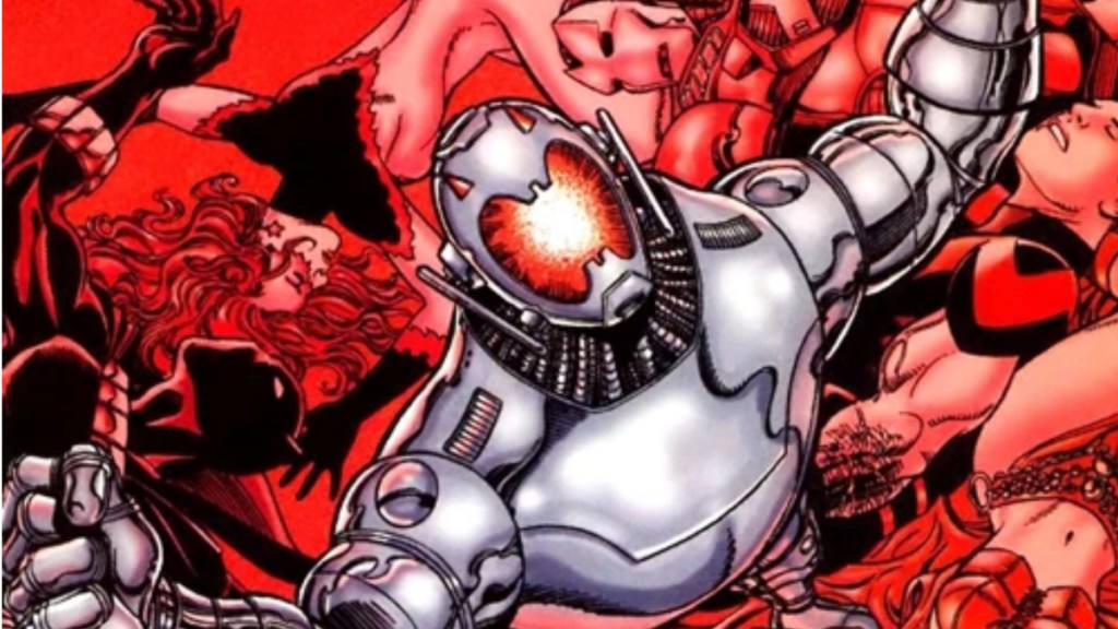 Ultron standing triumphantly over the fallen Avengers from Ultron Unlimited