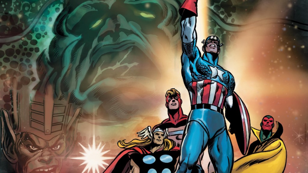 Captain America, Thor, Goliath, and Vision standing in front of the Supreme Intelligence and the Skrull Emperor from The Kree Skrull War