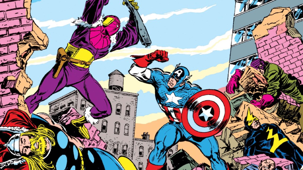 Captain America and Baron Zemo battling it out surrounded by fallen Avengers and Masters of Evil on the over to Avengers: Under Siege