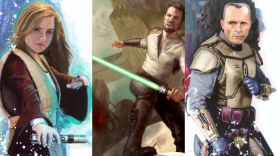 A split image of Tallisibeth Enwandung-Esterhazy, Kyle Katarn, and Kal Skirata from Star WArs Legends