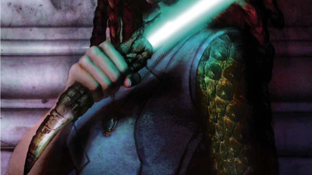 Tenel Ka holding her rancor inspired lightsaber