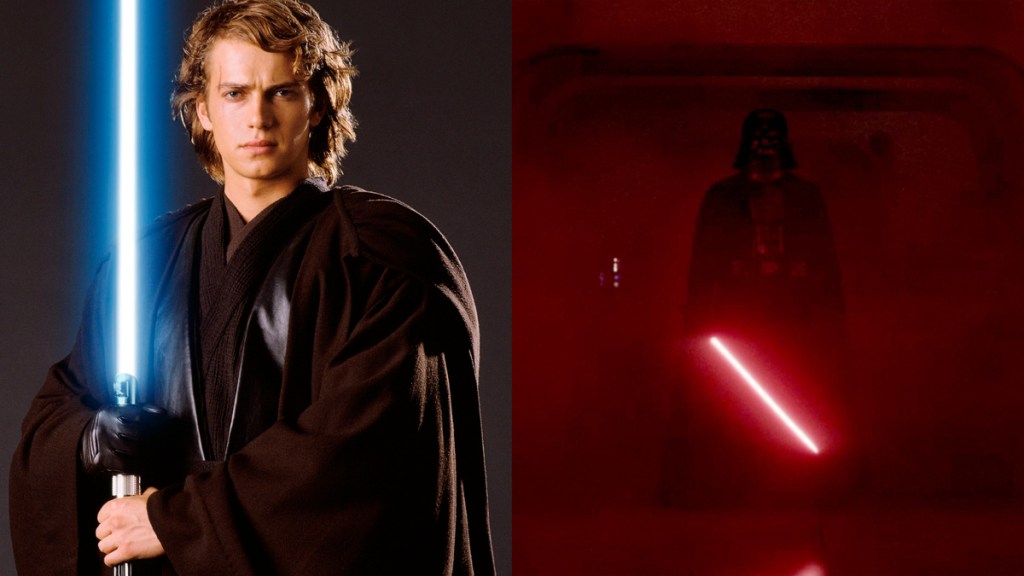 A split image of Anakin Skywalker and Darth Vader