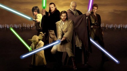 Yoda, Luke Skywalker, Qui-Gon JInn, Obi=Wan Kenobi, Mace Windu, and Anakin Skywalker, with their lightsabers drawn standing in front jedi with lightsabers drawn