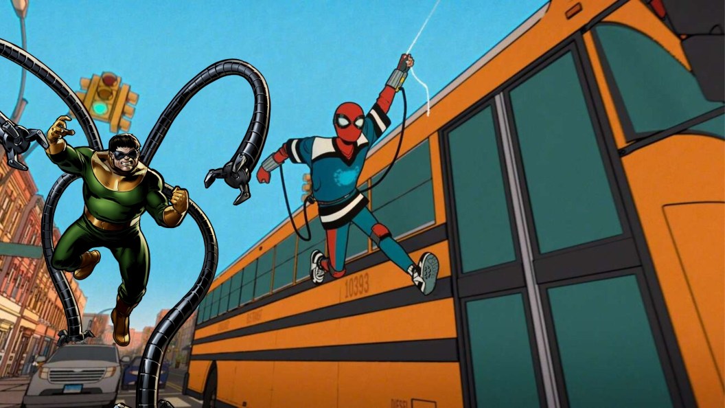 Peter Parker in Marvel Studios' Your Friendly Neighborhood Spider Man with Doc Ock chasing him