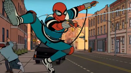 Peter Parker swinging in Marvel Studios' Your Friendly Neighborhood Spider Man