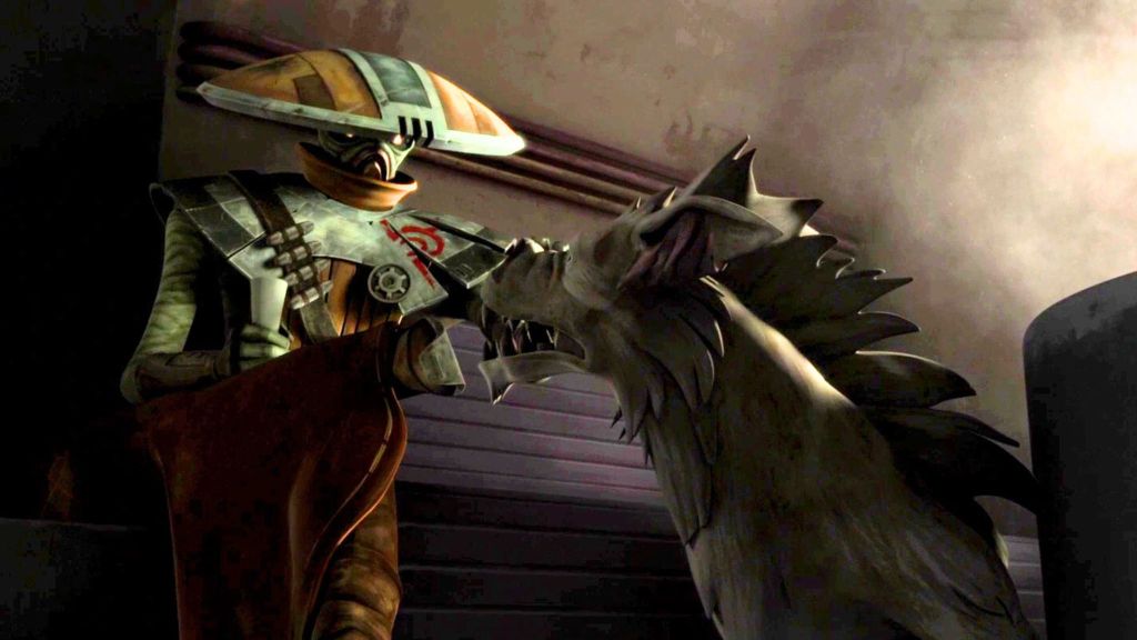 Star Wars bounty hunter Embo and his anooba Marrok, as seen in The Clone Wars