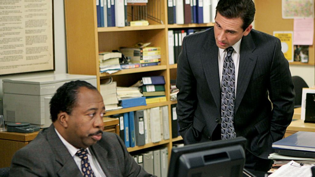 Steve Carell as Michael Scott and Leslie David Baker as Stanley in The Office Season 4, Episode 16, Did I Stutter