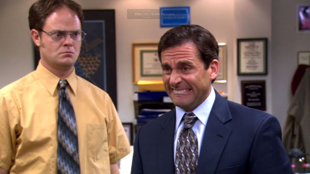 Steve Carell as Michael Scott and Rainn Wilson as Dwight in The Office Season 3, Episode 7, Branch Closing