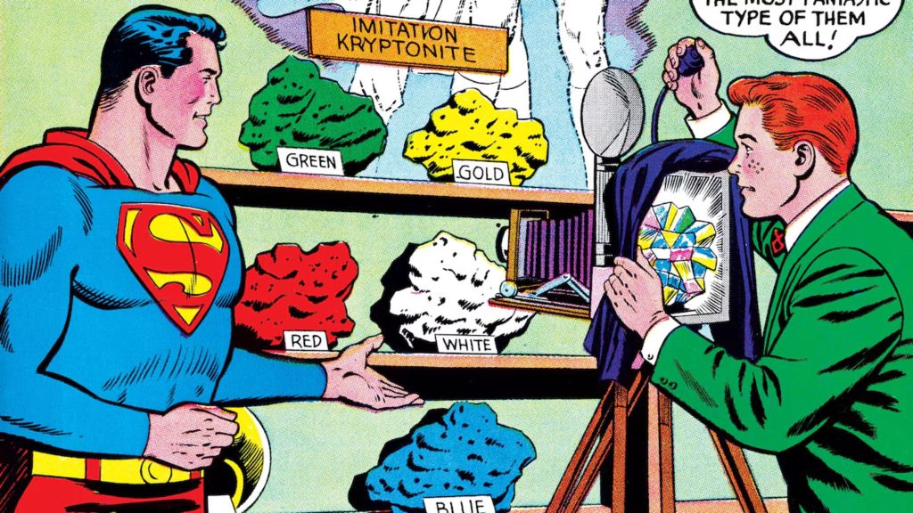 Superman and Jimmy Olsen taking pictures of multi-colored Kryptonite replicas in DC Comics