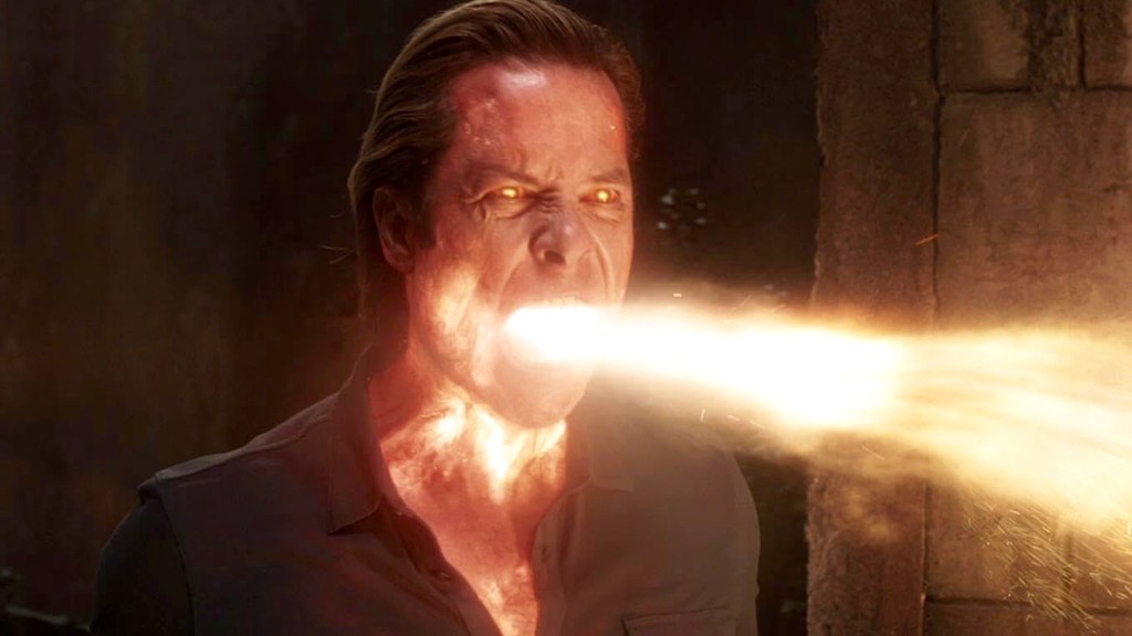 Guy Pearce as Aldrich Killian breathing fire with glowing eyes