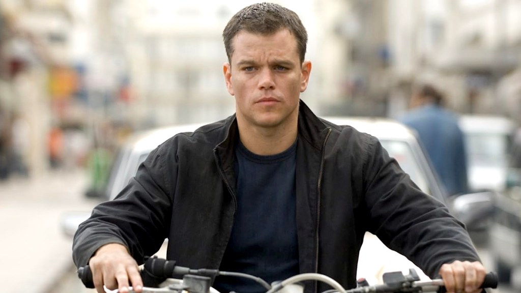 Matt Damon as Jason Bourne riding a motorcycle in The Born Ultimatum