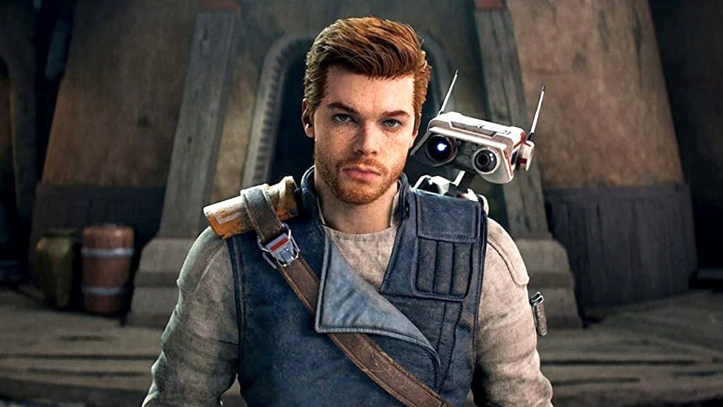 Kal Kestis standing with droid on his back in Star Wars Jedi: Survivor