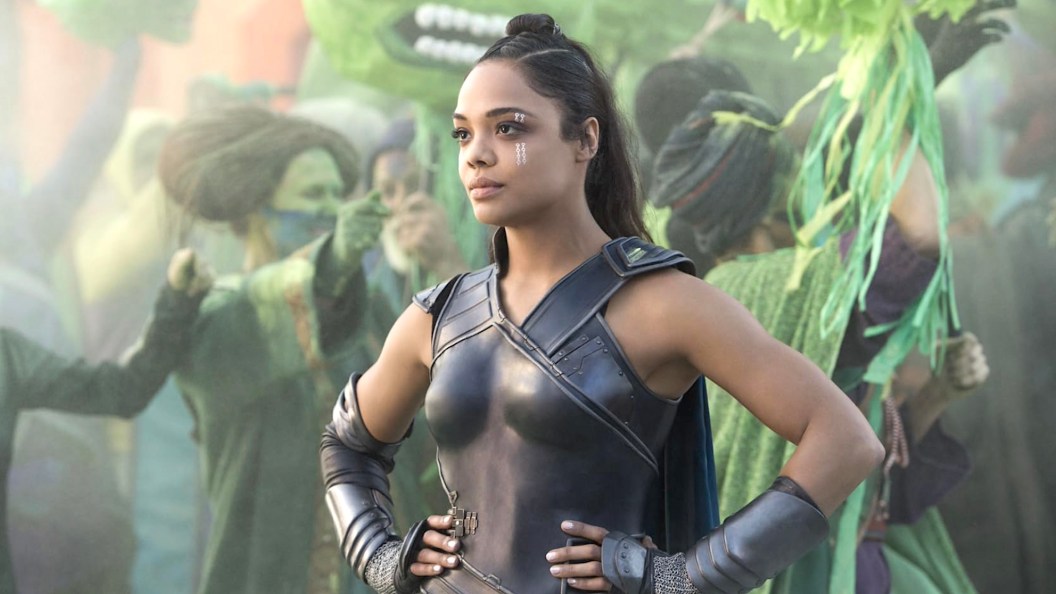 Tessa Thompson as Valkyrie standing with hands on hips in Thor: Ragnarok