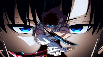 jinwoo from solo leveling holding twin daggers with a close up of jinwoo's eyes in the background from solo leveling's season 2 ending theme