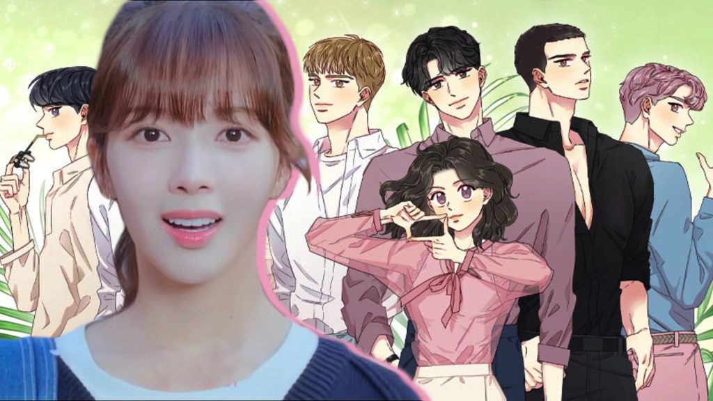 roh jeong eui as seen in the live action trailer for bunny and her oppas with the manhwa key visual featuring the main cast in the background