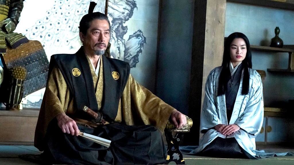 Hiroyuki Sanada and Anna Sawai sitting on the floor in Shogun