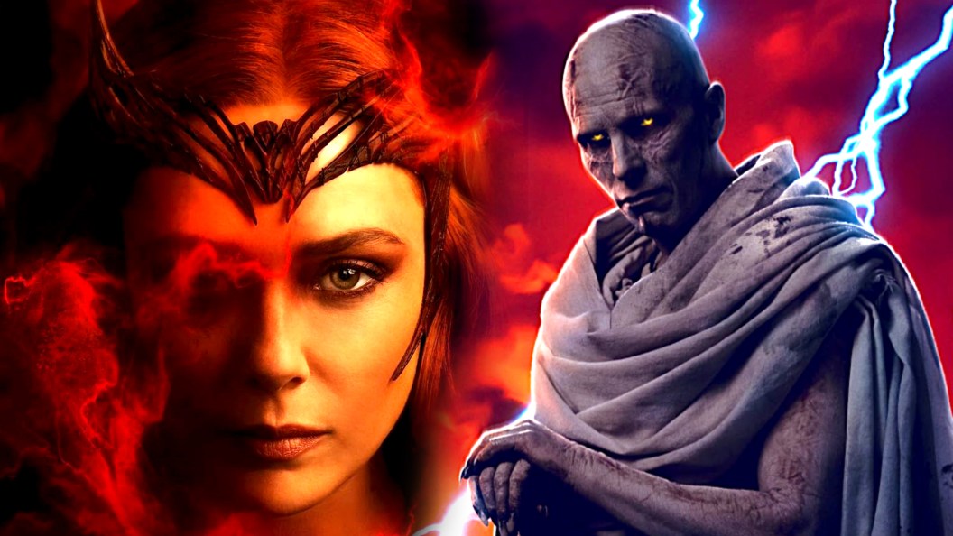Scarlet Witch closeup with red magic next to Gorr the God Butcher with lightning