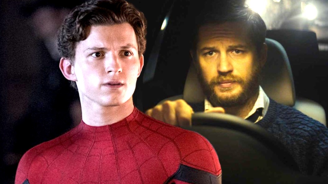 Tom Holland as Spider-Man next to Tom Hardy as Ivan Locke driving a car