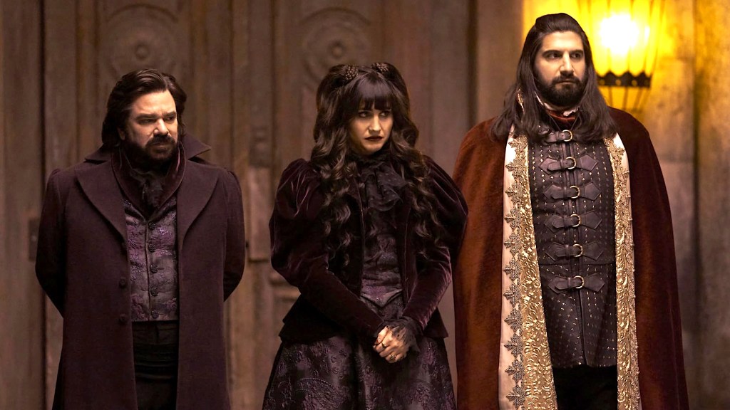 Kayvan Novak, Natasia Demetriou, and Matt Berry in What We Do in the Shadows