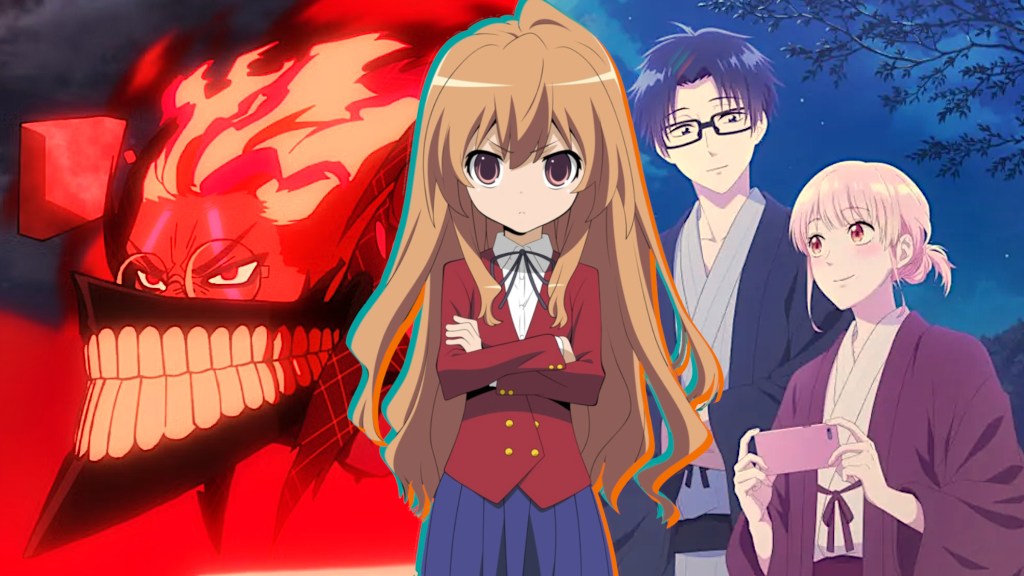 Taiga from Toradora, with Hirotaka and Narumi from Wotakoi, and Okarun from Dandadan