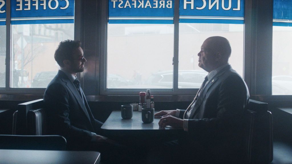 Charlie Cox as Matt Murdock Vincent D'Onofrio as Wilson Fisk in Daredevil Born Again Season 1 Episode 1