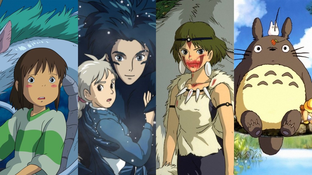 Collage of Studio Ghibli movies Spirited Away Howl's moving castle Princess mononoke and My Neighbor Totoro