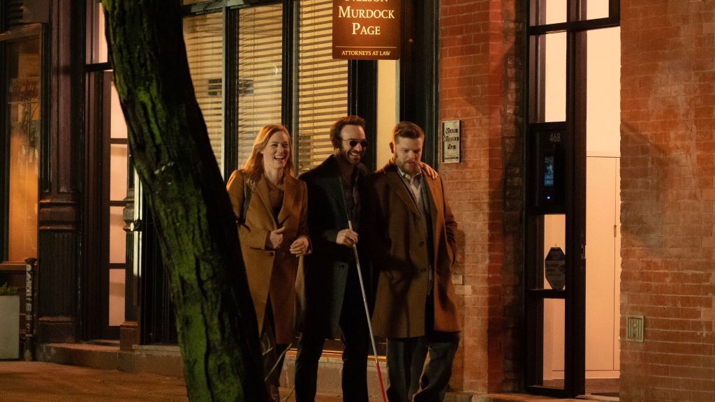 Deborah Ann Woll as Karen Page, Elden Henson as Foggy, and Charlie Cox as Matt Murdock in Daredevil Born Again Season 1 Episode 1