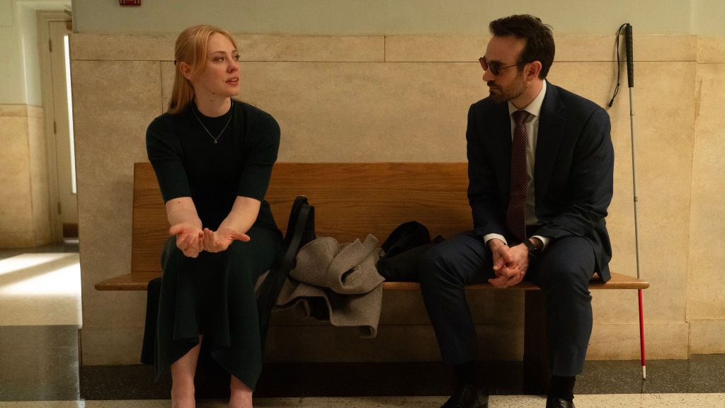 Deborah Ann Woll as Karen Page and Charlie Cox as Matt Murdock in Daredevil Born Again Season 1 Episode 1