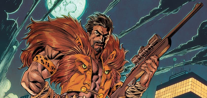 Kraven the Hunter standing under the moon, holding a rifle.