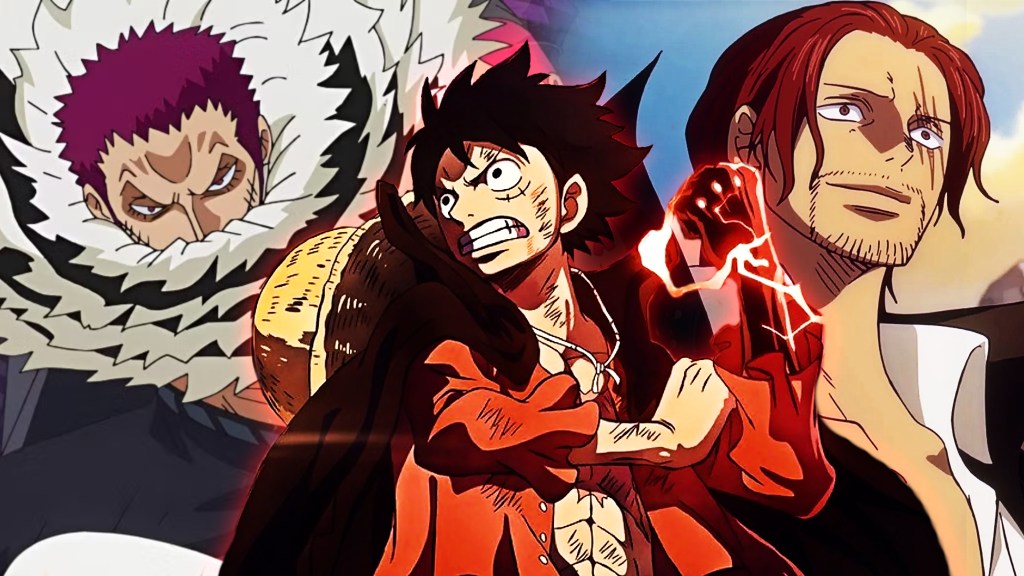 Luffy using haki with katakuri and shanks in the background