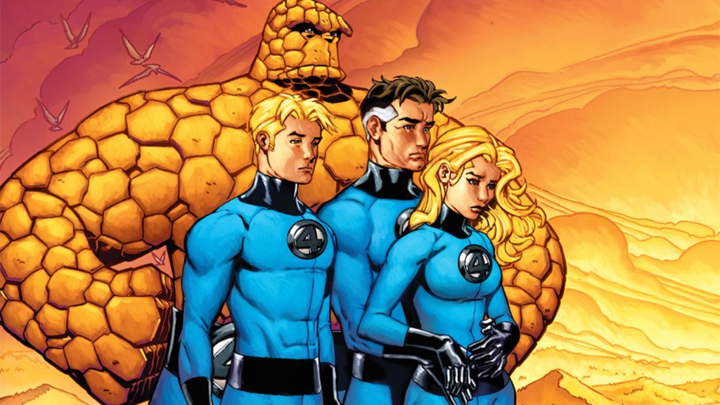 The Fantastic Four - the Thing, Human Torch, Mister Fantastic, and Invisible Woman - standing together, drawn by Mike Wieringo