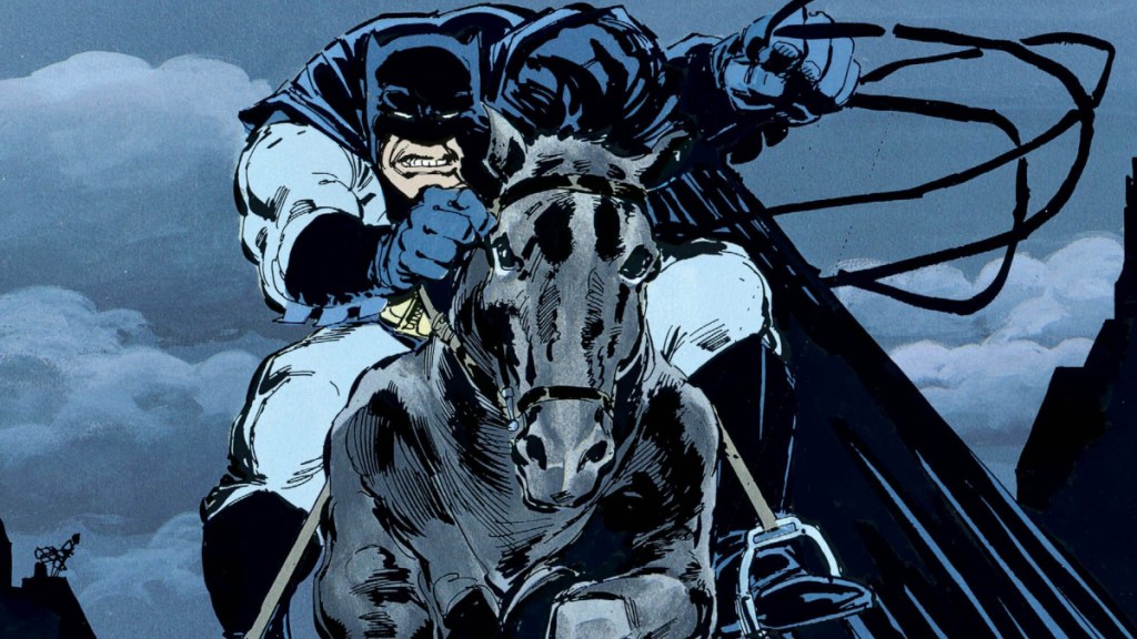 Batman montando un caballo en el caballero negro regresa