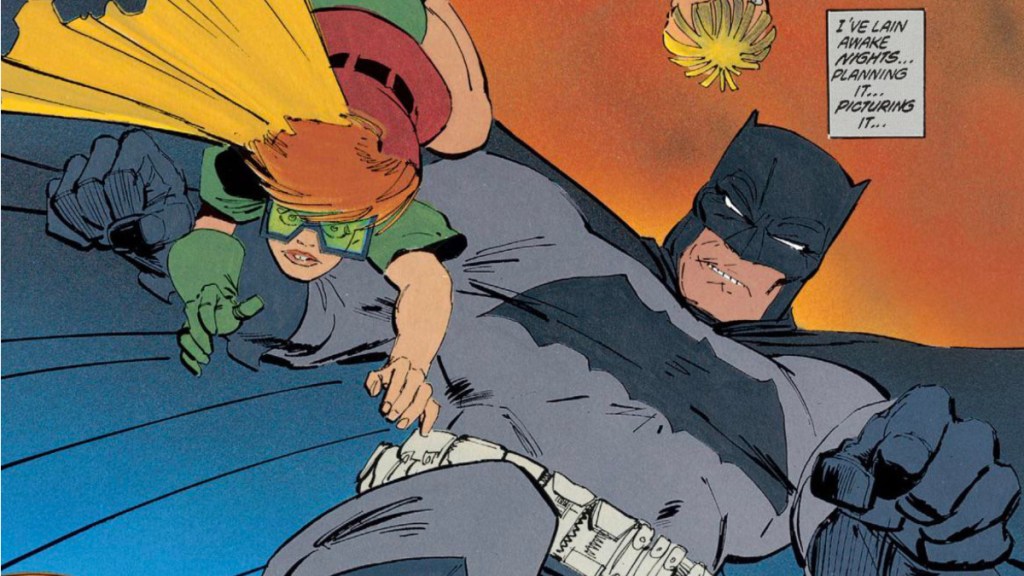 Batman and Carrie Kelly's Robin jumping through the air in The Dark Knight Returns