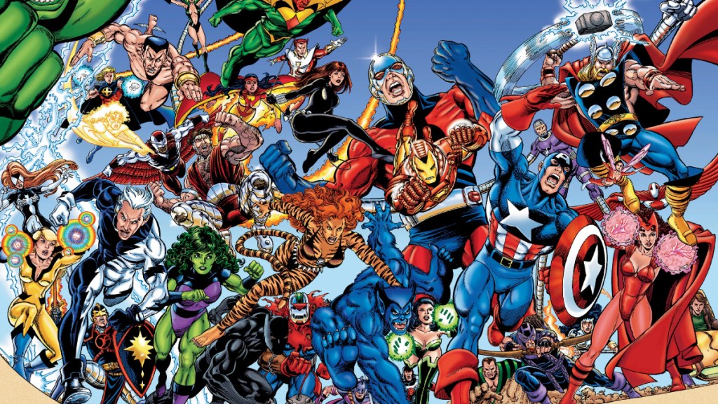 The Avengers assembled on the cover of Avengers (Vol. 3_ #1