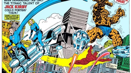 The Fantastic Four flying through the air together drawn by Jack Kirby