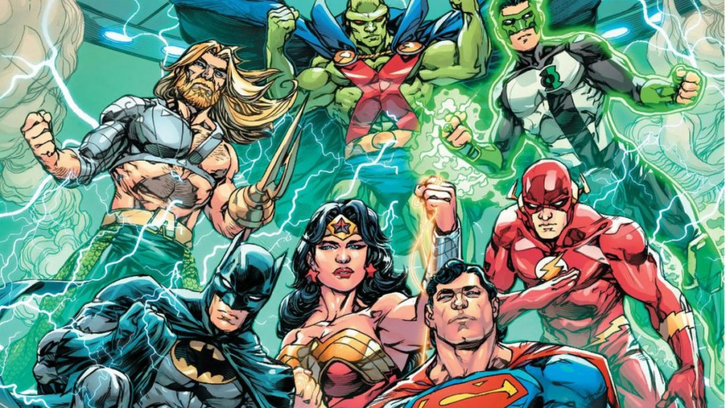 The Justice League of America - Superman, Batman, Wonder Woman, Wally West as Flash, Aquaman, Martian Manhunter, and Kyle Rayner as Green Lantern - on the cover of JLA: New World Order