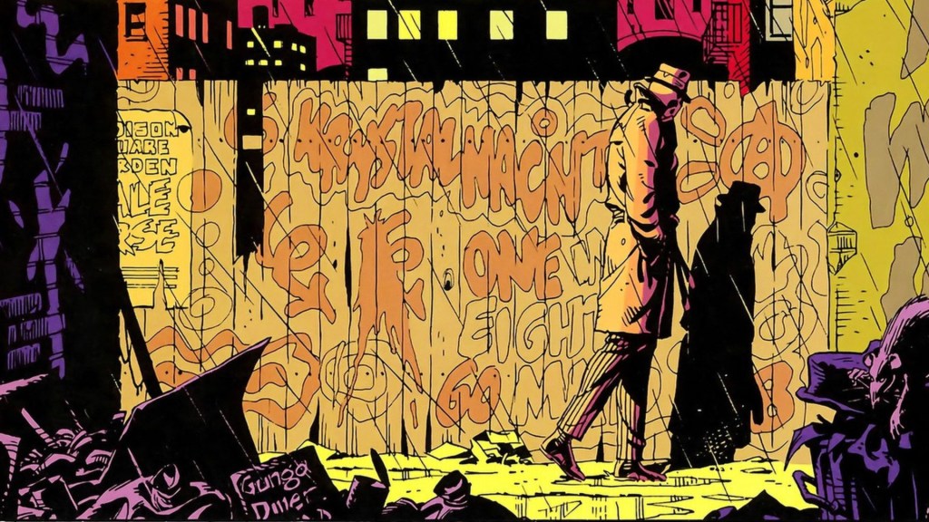 Rorschach walking down a graffiti-ed alleyway in Watchmen