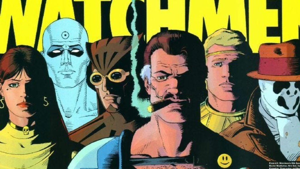 Silk Spectre, Doctor Manhattan, Nite-Owl II, the Comedian, Ozymandias, and Rorschach from Watchmen