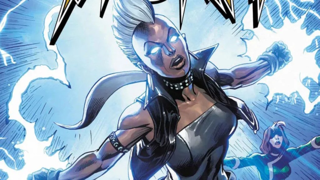 Storm in her punk rock costume, using her lightning