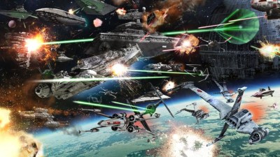 The Millennium Falcon surrounded by X-Wings, B-Wings, TIEs, Star Destroyers, and the Death Star II at the Battle of Endor