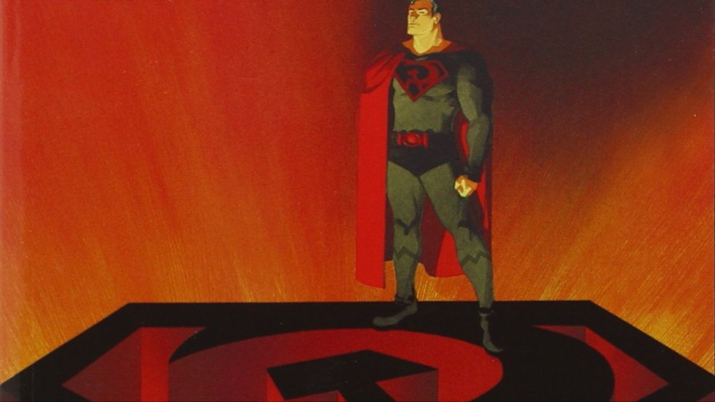 The Soviet Superman standing on the Soviet S-Shield from Superman: Red Son