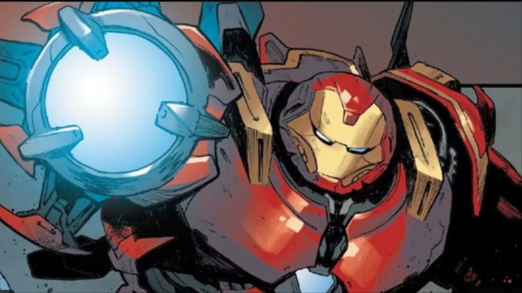 Iron Man poitning his repulsor in the Model 52 Hulkbuster armor