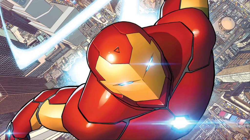 Iron Man's Model 51 armor flying through the sky