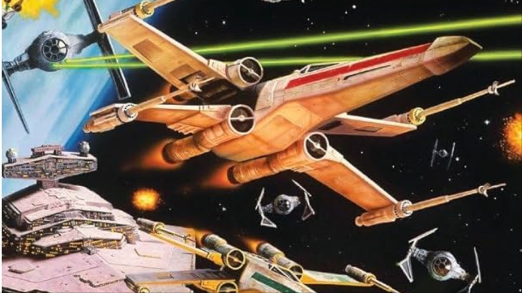 Two X-Wings being chased by Imperial forces on the cover to Star Wars: X-Wing; Rogue Squadron