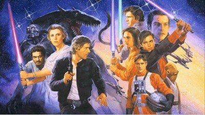 A Voxyn, a YVH-Hunter droid, Lando Calrissian, Leia and Han Solo, Anakin Solo, Jaina Solo, Jacn Solo, Wedge Antilles, and Luke Skywalker on the Japanese cover to Star Wars: The New Jedi Order Star by Star