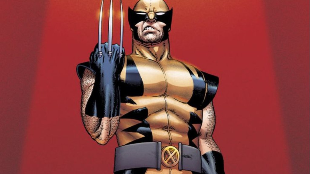 Wolverine snarling while holding up his hand with his claws popped