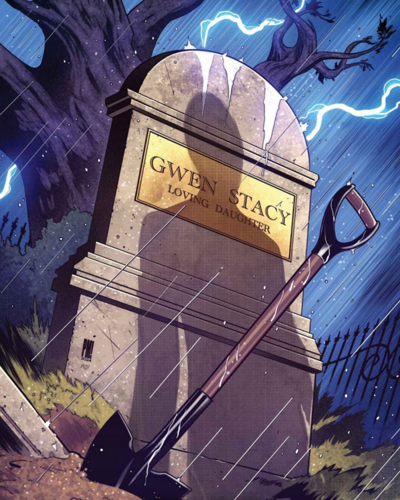 Gwen Stacy's grave, dug up with a shovel in the dirt, with a shadowy figure standing over it.