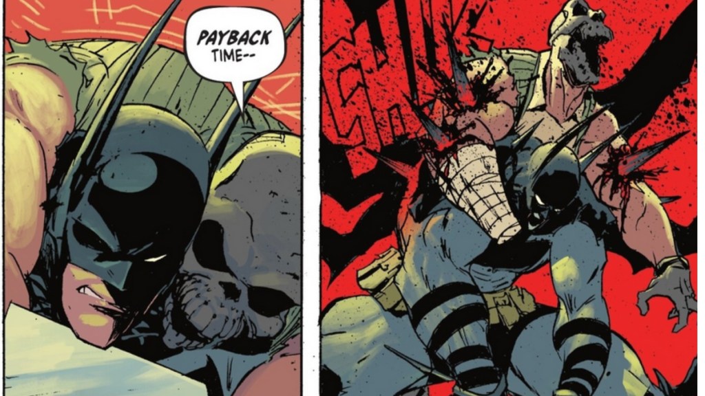 Absolute Batman impales a Party Animal thug on his cape in Absolute Batman #5