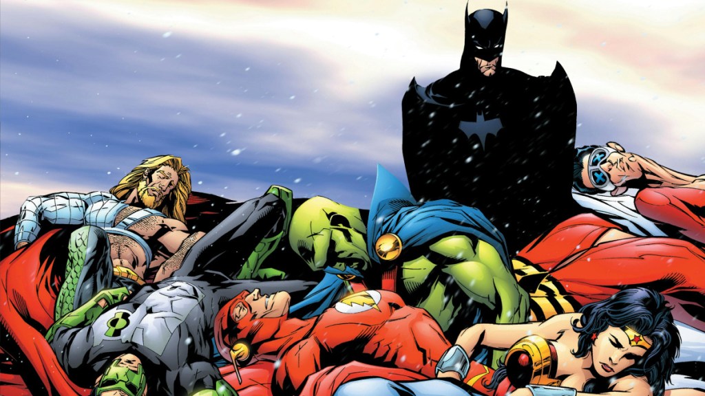 Batman standing over the fallen Justice League in JLA: Tower of Babel